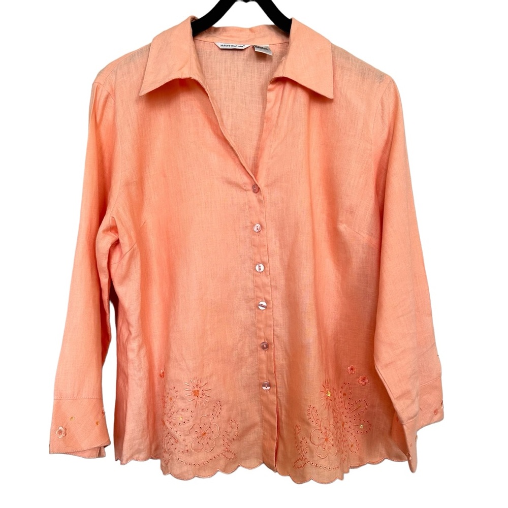Richard Malcolm Women’s Sz XL Peach Linen Blouse Embroidered and Embellished
